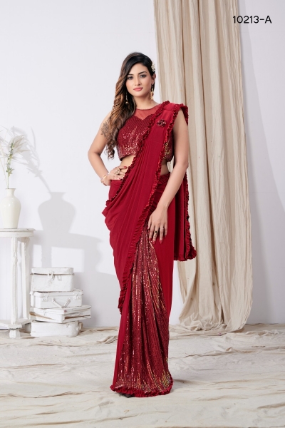 Red sequins work lycra readymade saree 10213a