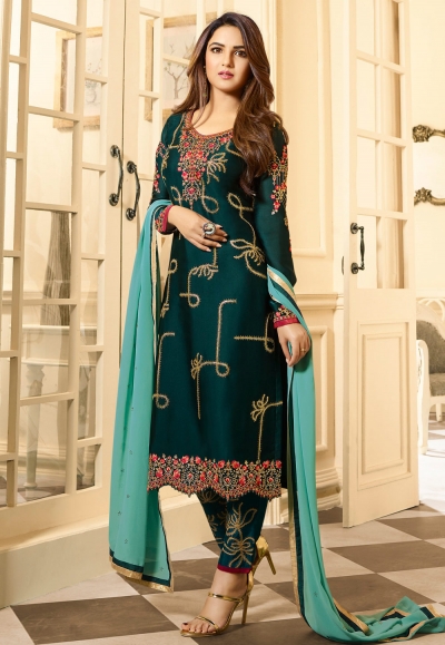 Teal satin georgette pant style suit 11031