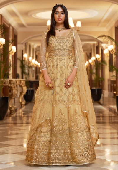 Golden net abaya style anarkali suit 3007