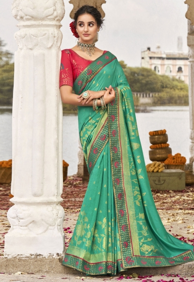 Sea green silk saree with blouse 9216