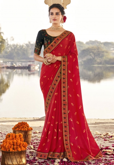 Red silk festival wear saree 9213