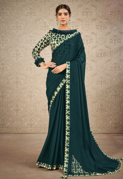 Teal silk georgette saree with blouse 41912