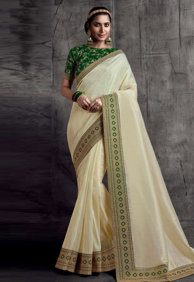 Cream satin silk saree with blouse 8307
