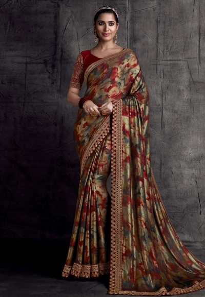 Maroon satin saree with blouse 8309