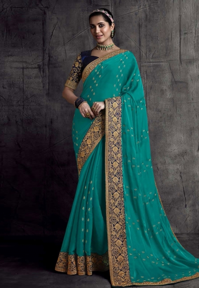 Turquoise silk saree with blouse 8311