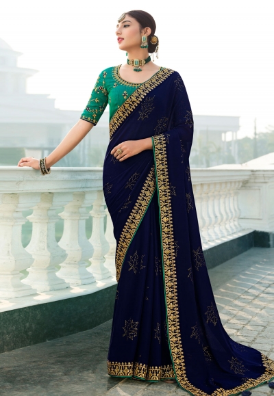 Navy blue satin chiffon festival wear saree 1108