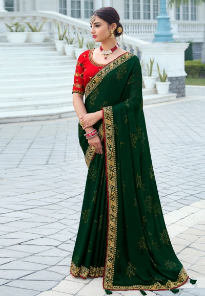 Green satin chiffon saree with blouse 1111