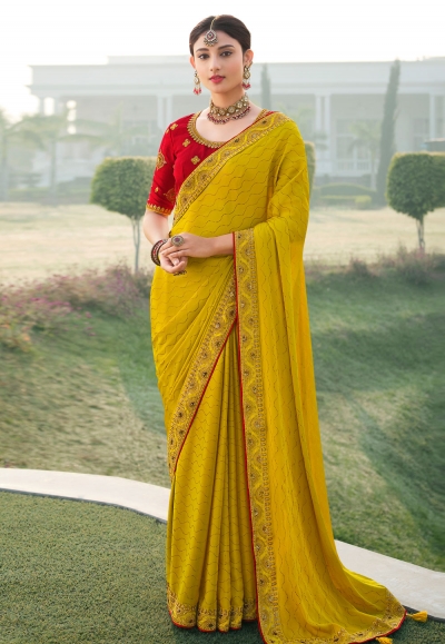 Mustard satin chiffon festival wear saree 1102