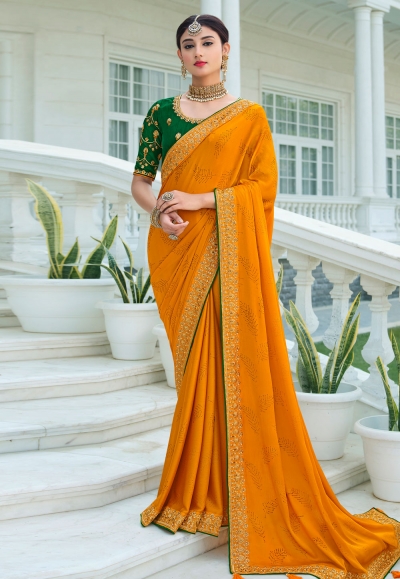 Mustard satin chiffon festival wear saree 1110