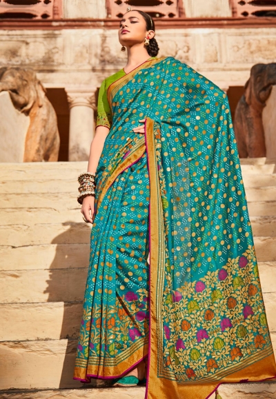 Turquoise silk festival wear saree 15088
