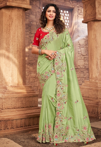 Light green net saree with blouse 1602