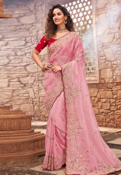 Pink net festival wear saree 1609