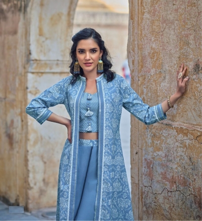 RFSS1603 - Beautiful blue stylish indo-western crop top embroidered shrug.