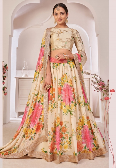 Cream georgette floral lehenga choli 6003