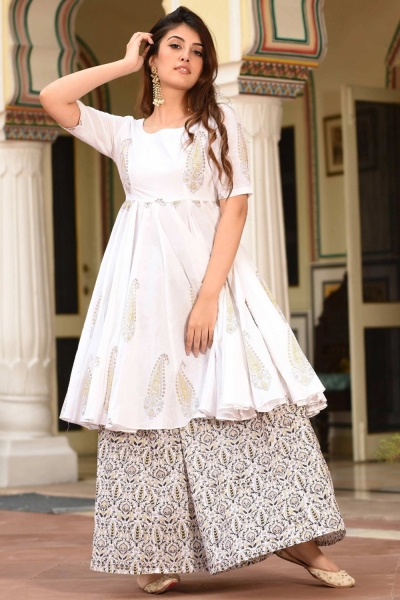 White Pure Muslin Kurti Palazzo set