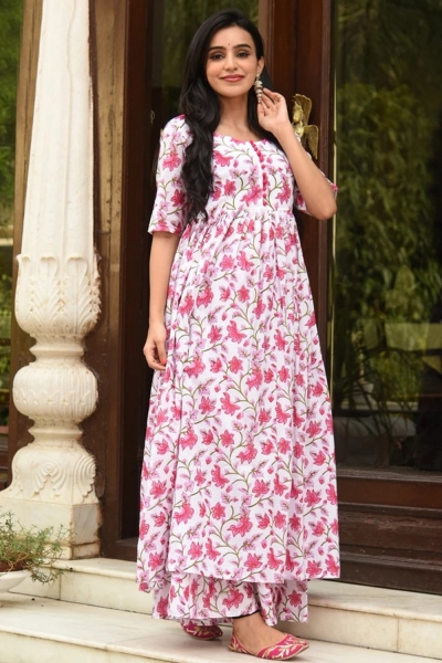 White and pink Pure Muslin Kurti Palazzo set