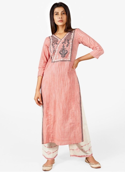 Peach cotton casual wear embroidered Kurti Palazzo