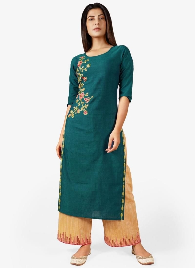 Turquoise cotton casual wear embroidered Kurti Palazzo