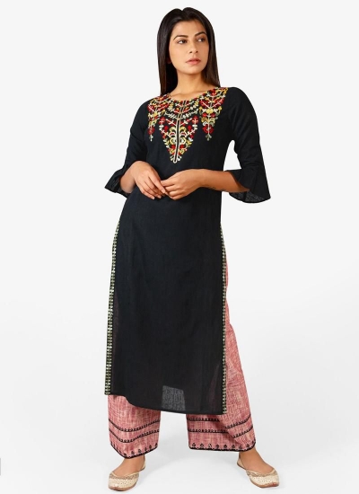 Black cotton casual wear embroidered Kurti Palazzo