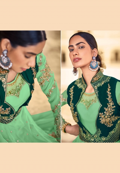 Georgette Designer Festival Anarkali Suit in Forest Green