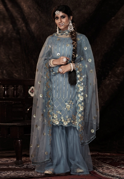 Grey soft net sequence sharara suit 14008