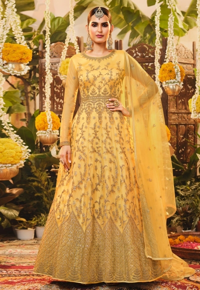 Yellow net abaya style anarkali suit 3206