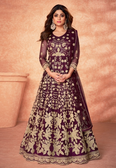 Shamita shetty wine net abaya style anarkali suit 9180