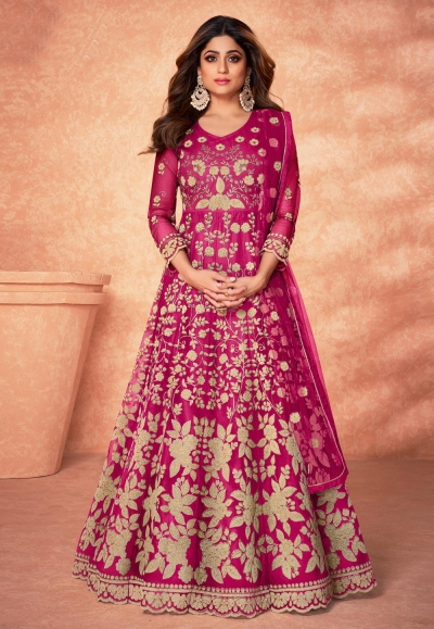 Shamita shetty magenta net abaya style anarkali suit 9182