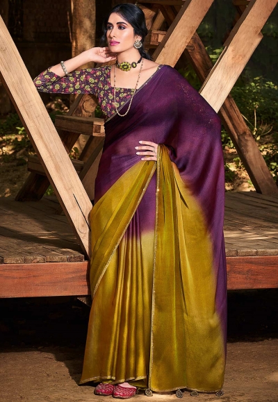 Ombre chiffon saree in dark purple and mustard