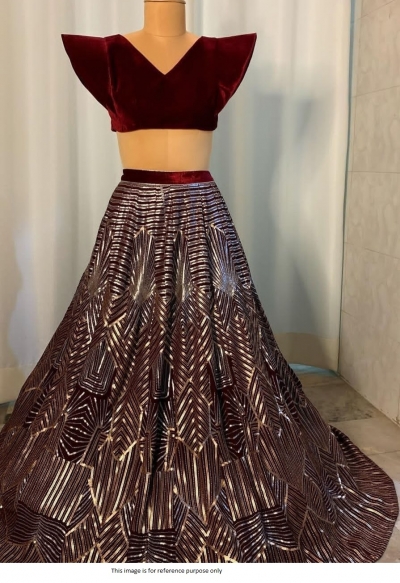 Bollywood Model Maroon Silk sequins wedding lehenga