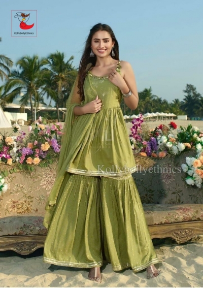 Olive green Short Peplum kurti with Sharara pant