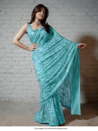Bollywood Model Firozi color georgette sequins saree