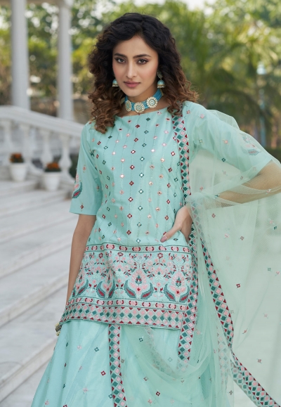 Black Chinon Lehenga Choli With Blouse & Dupatta For Indian & Pakistani Wedding Festival - Sequins & Thread Embroidered Work