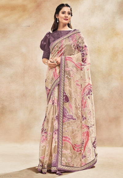 Cream organza saree with designer blouse 42014