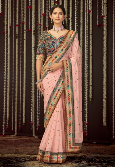 Pink georgette embroidered saree with blouse 19002