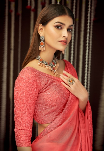 Vetri Organza Saree Blouse Set - Salmon Peach main image 0