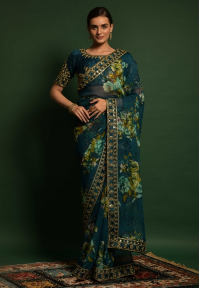 Georgette floral Saree in Teal colour 4778