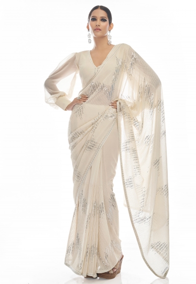 Georgette sequence Saree in Off white colour 21002