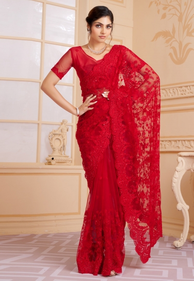 Net Saree with blouse in Red colour 1323