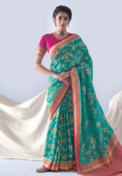 Silk Saree with blouse in Sea green colour 18001