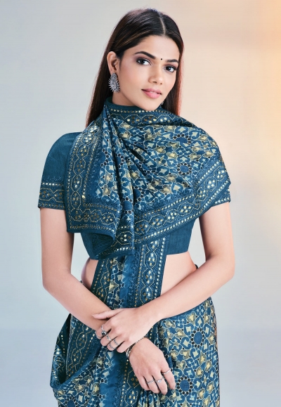 Women's Satin Silk Blue Printed Designer Saree With Blouse Piece