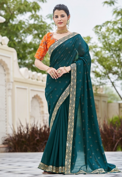 Silk Saree with blouse in Teal colour 5417