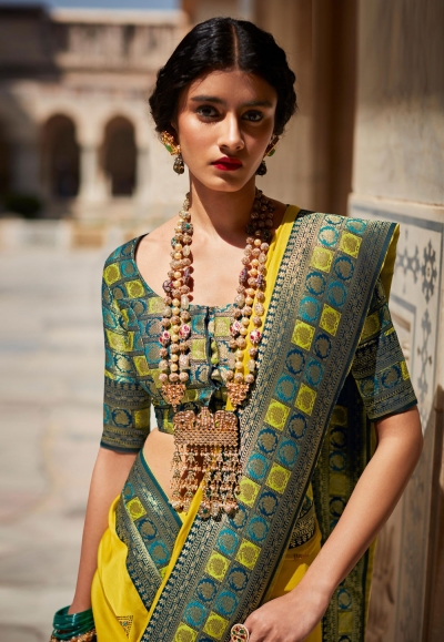 Flax Yellow Silken Saree with Jacqaurd Blouse Fabric