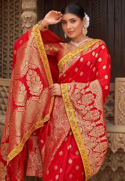 Red Banarasi Silk Saree With Unstitched Blouse And Dupatta