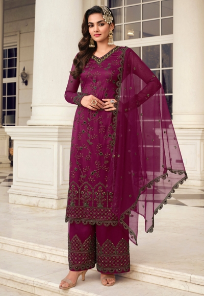 Net embroidered palazzo suit in Purple colour 3404