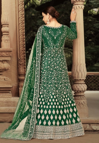 Intriguing Green Net Embroidered Abaya Style Anarkali Suit