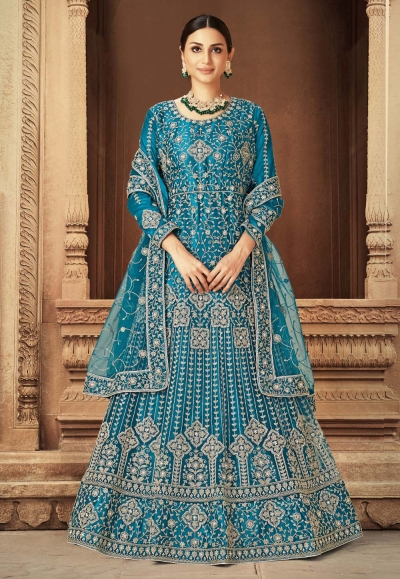 Net long Anarkali suit in Turquoise colour 3208