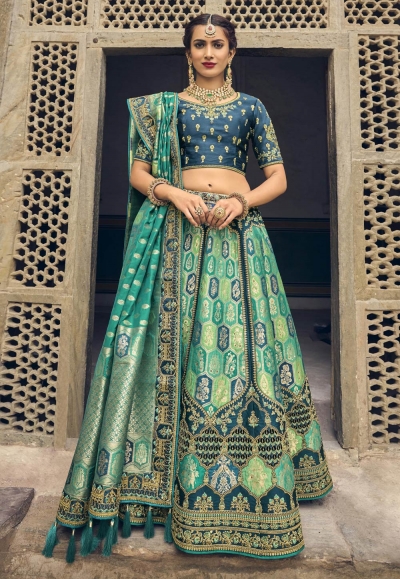 Banarasi silk circular lehenga choli in Light green colour 5405