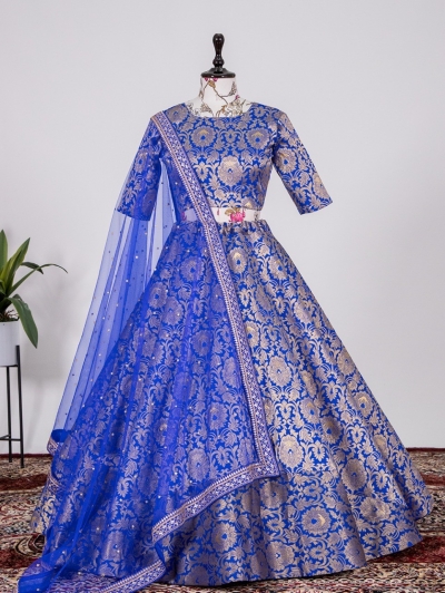 Bollywood Model Blue jacquard silk wedding lehenga choli