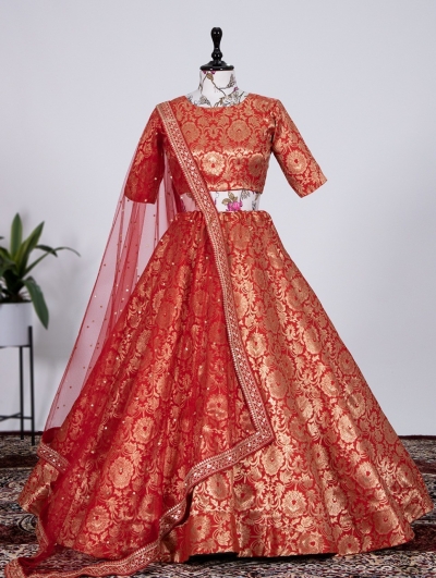 Bollywood Model Orange jacquard silk wedding lehenga choli